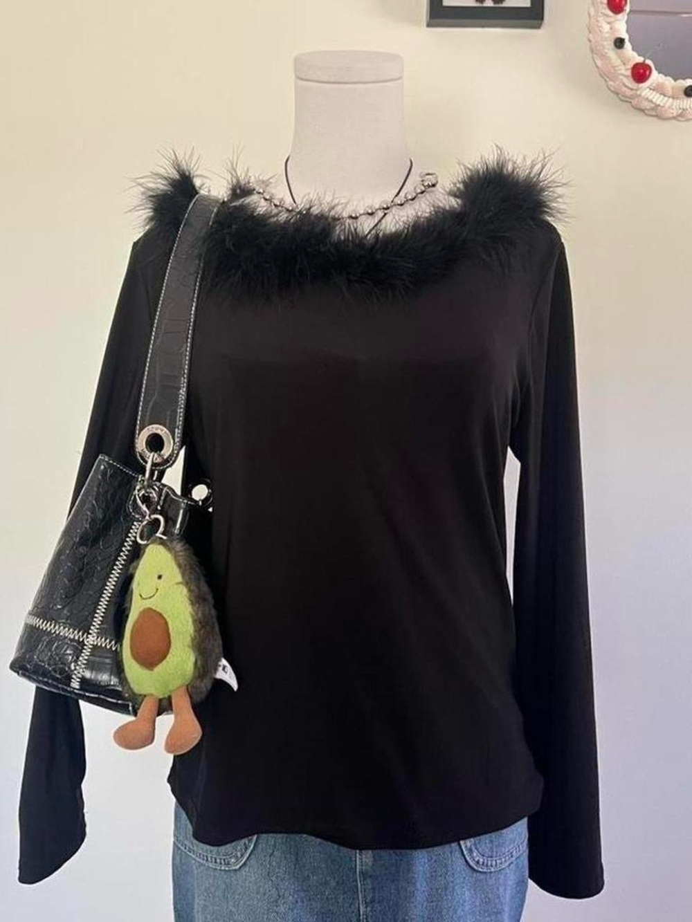 Claudia Richards vintage Black Feather-Trim Top